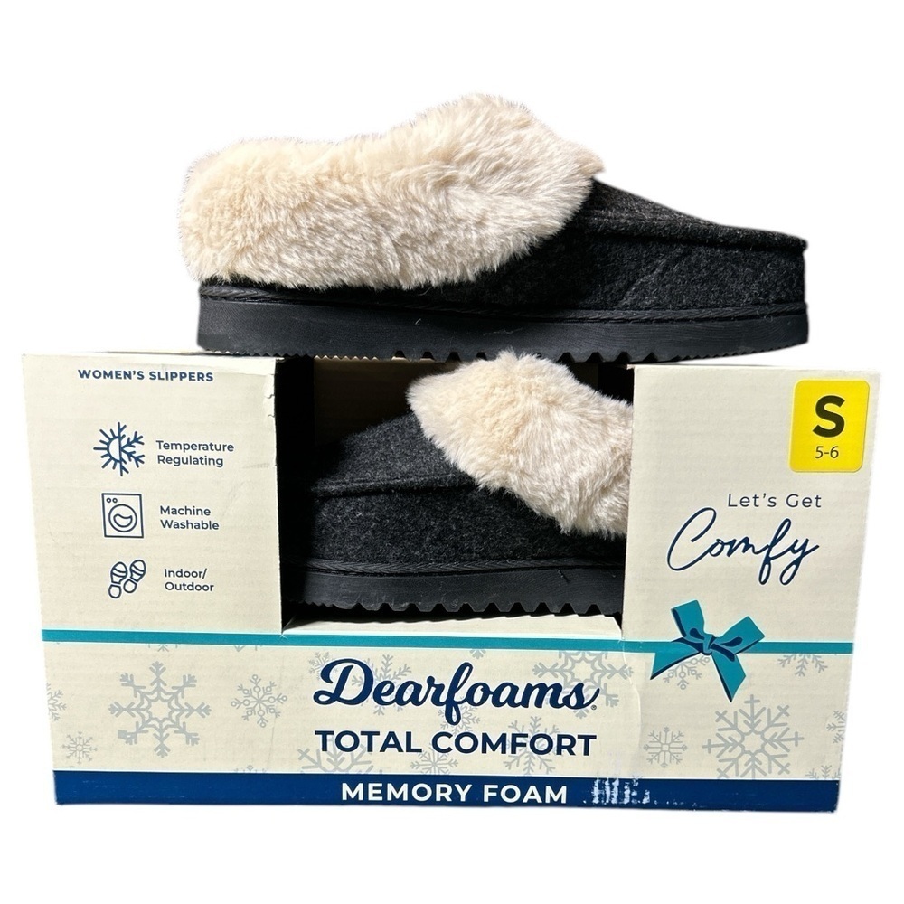 NWT Dearfoams Total Comfort Women Memory Foam Fur Trim Black Slipper Black S 5-6